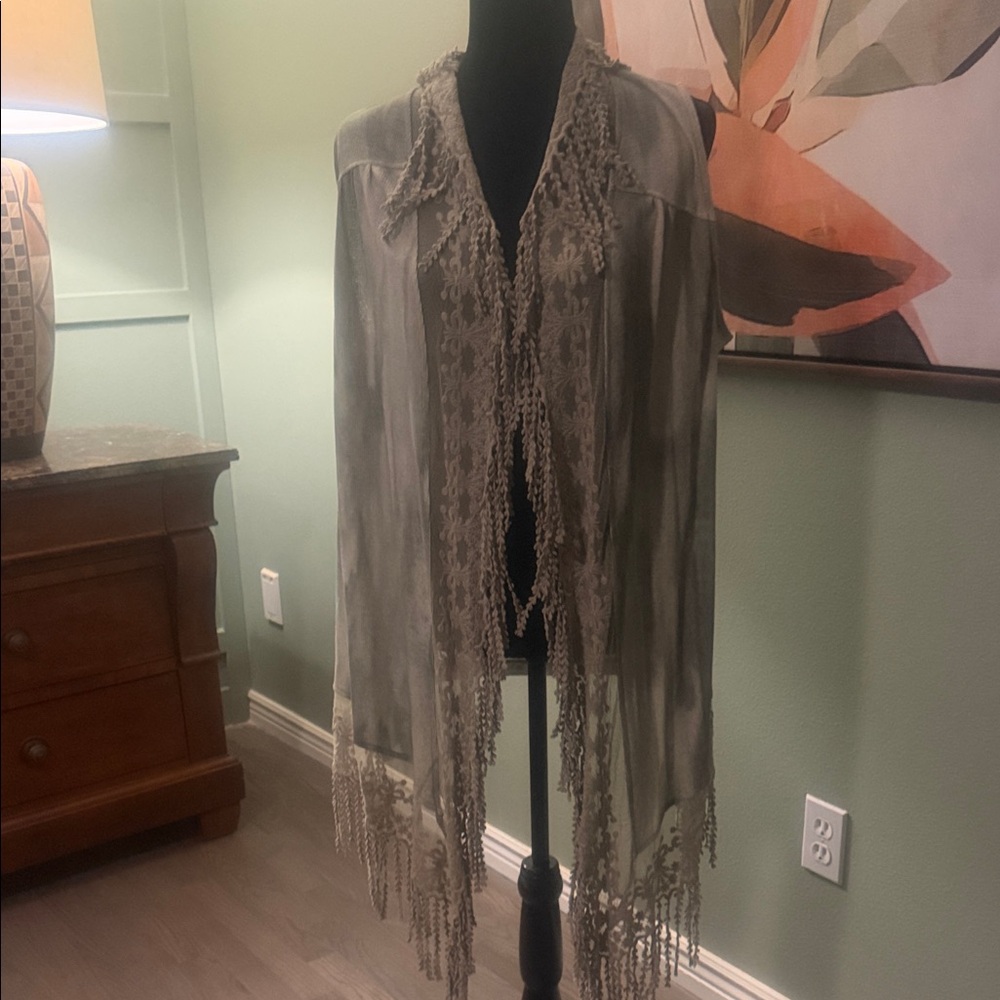 ONE WORLD Boho Green Sleeveless Jacket with Fringe (NWT)
